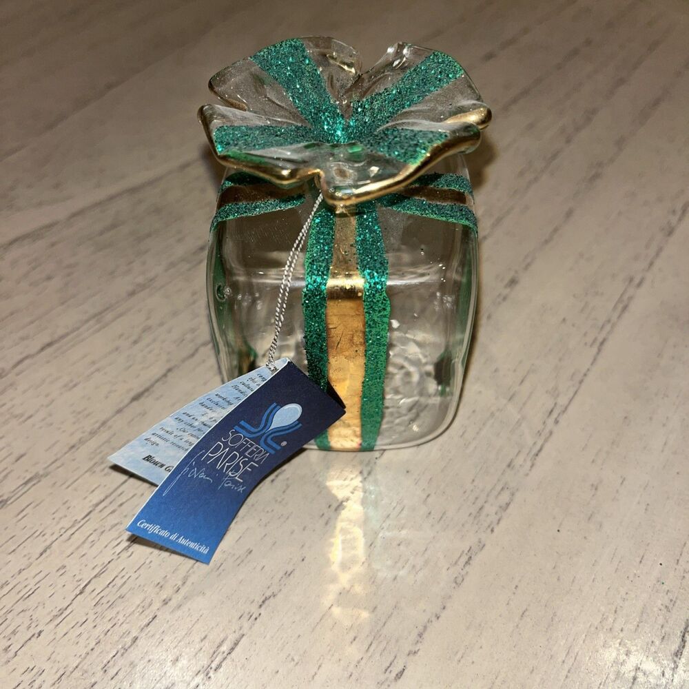 Italian Soffieria Parise Vetro Gift Box Hand Blown Art Glass Green & Gold Detail